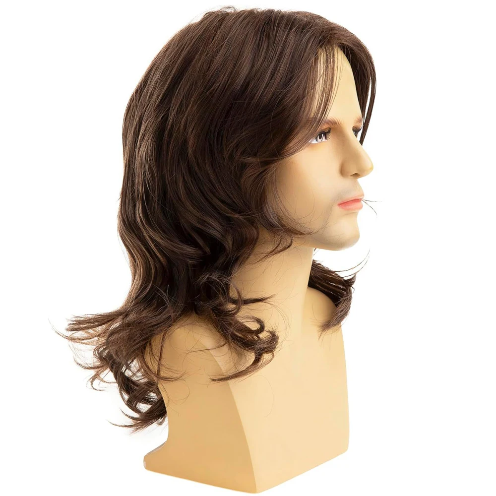 Peluca rizada de longitud media para hombre, pelucas de fibra sintética resistentes al calor, color marrón Natural, con flequillo lateral, pelucas de uso diario