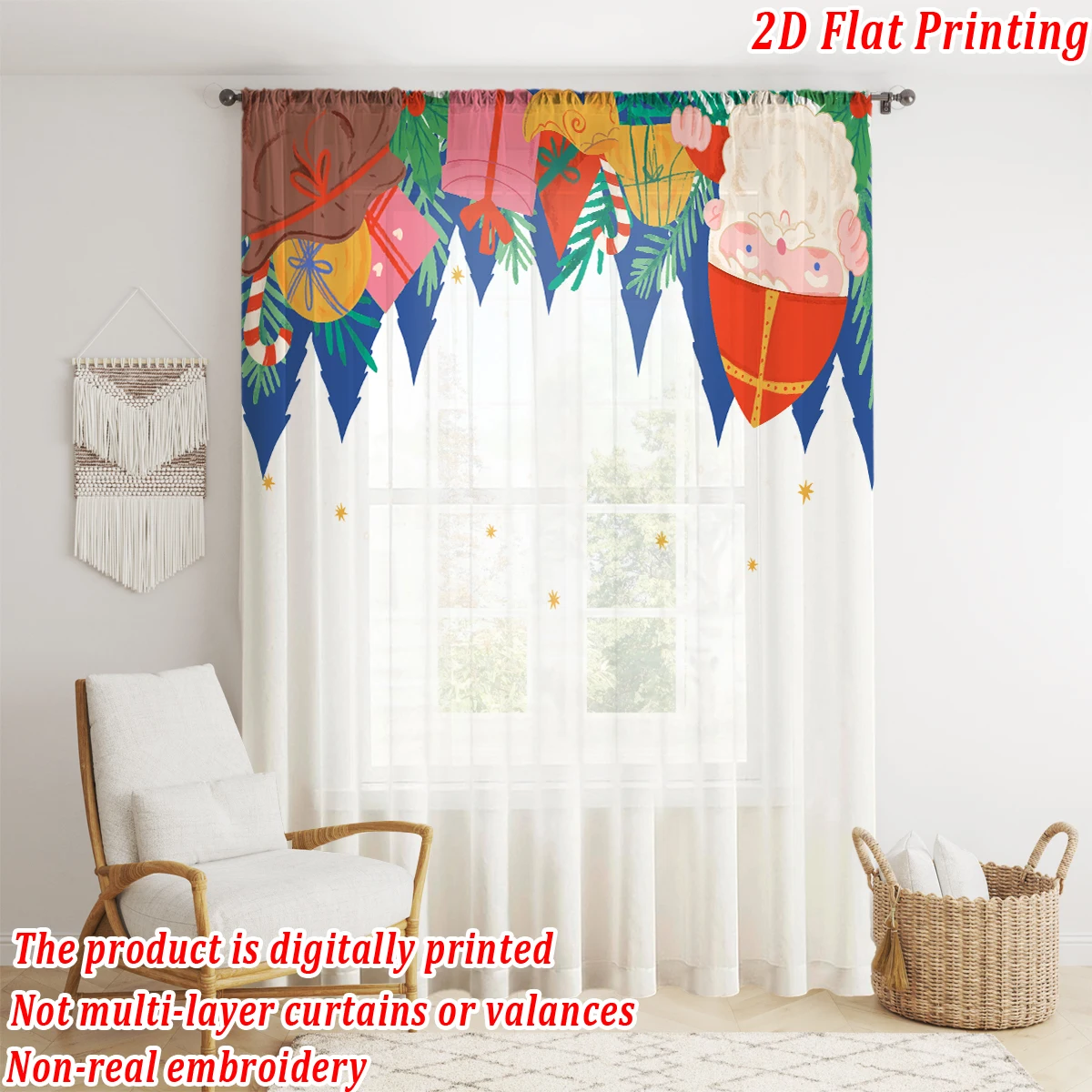 Christmas Flat Printing Sheer Curtain with Christmas Tree Candy Santa Claus Gift Box for Living Room Bedroom Decor Holiday Party