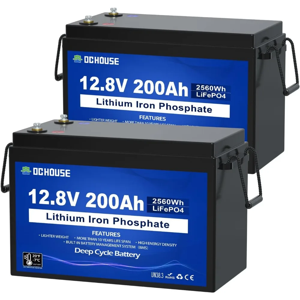 12V 200Ah（2 Pack）Lithium LiFePO4 Deep Cycle Battery, Low Temp Cut Off, with 2560Wh Energy Max. Built-in 200A BMS for RV Solar