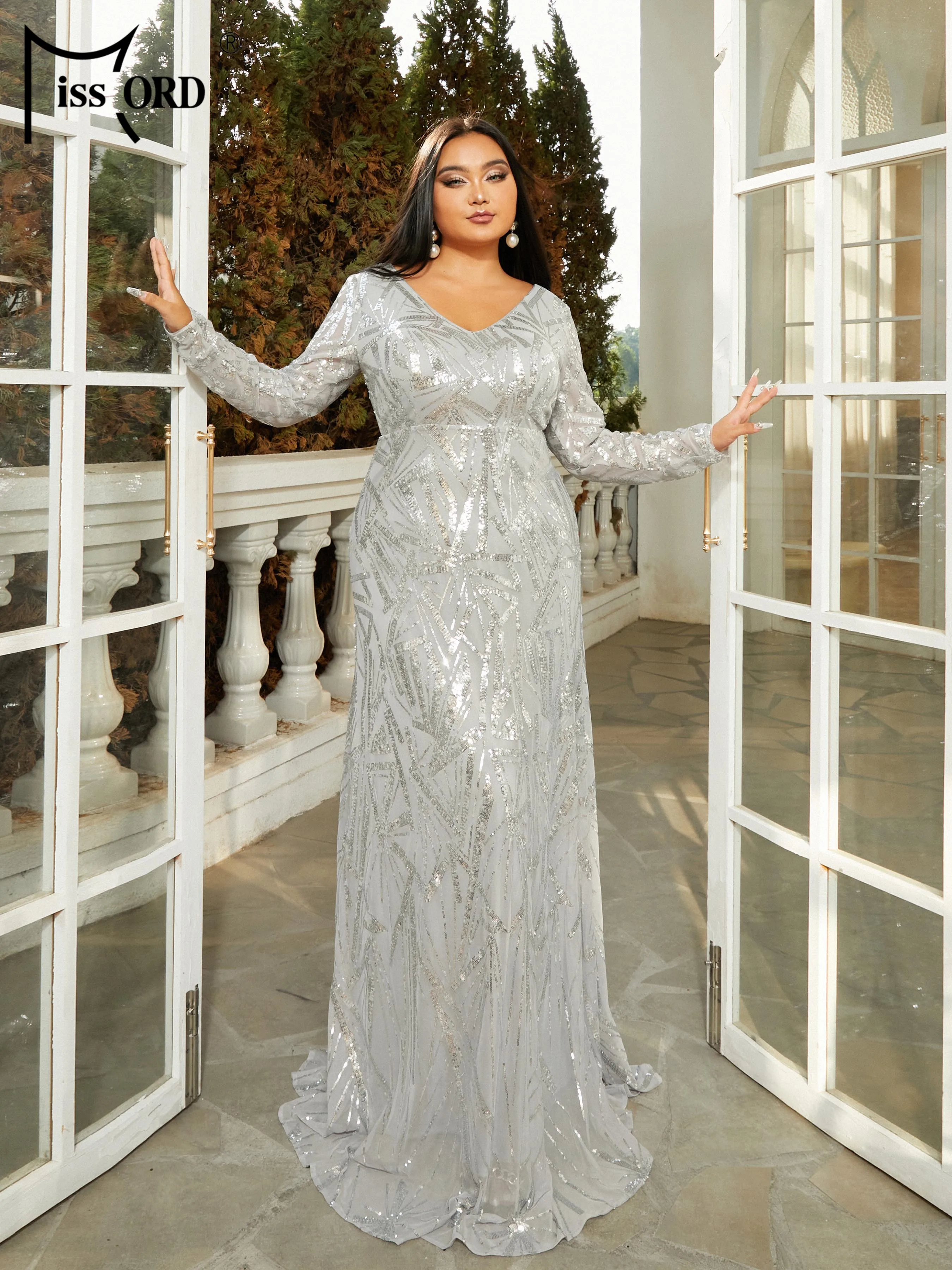 Missord New Plus Size V Neck Long Sleeved Sequin Mermaid Evening Formal Occasion High Quality Luxury Dress