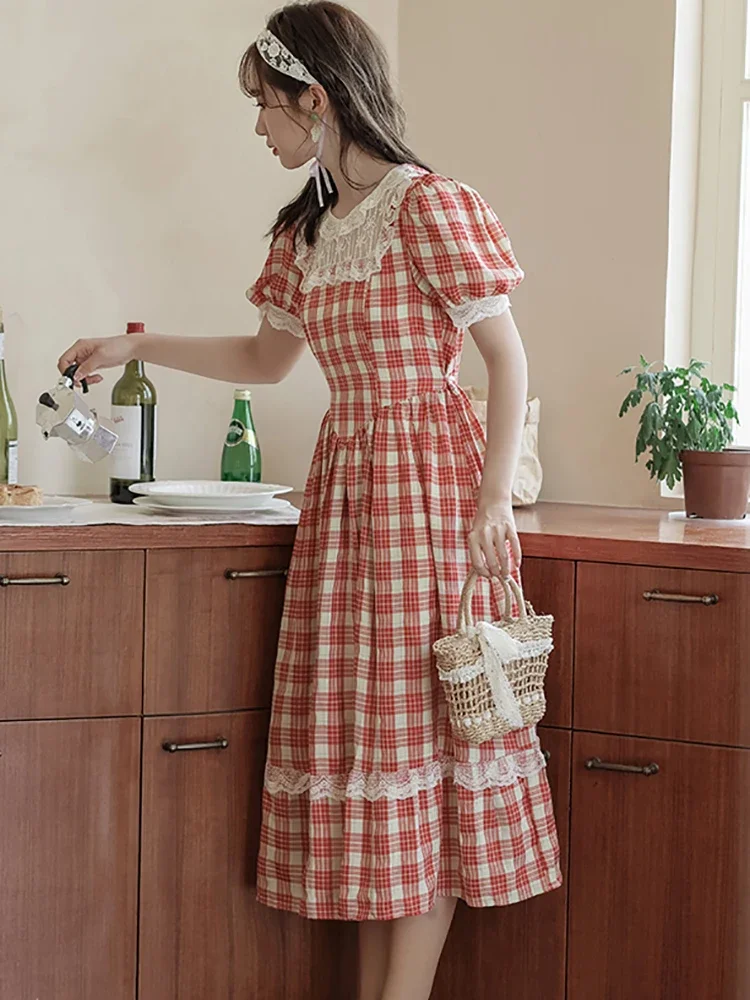 2025 Korean Fashion Casual Holiday Dresses Summer Red Plaid Puff Sleeve Chic Lace Casual Dress Women Elegant Bodycon Prom Dress