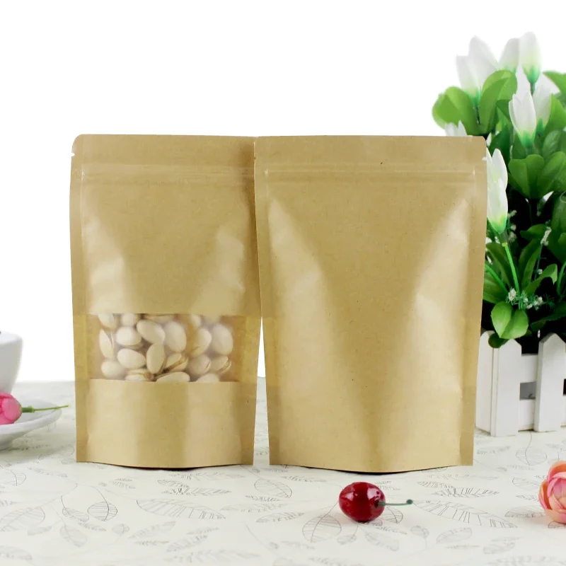 wholesale 100pcs/lot 10*15cm stand up kraft paper candy ziplock bag, Standing craft paper ormosia packing pouch with window