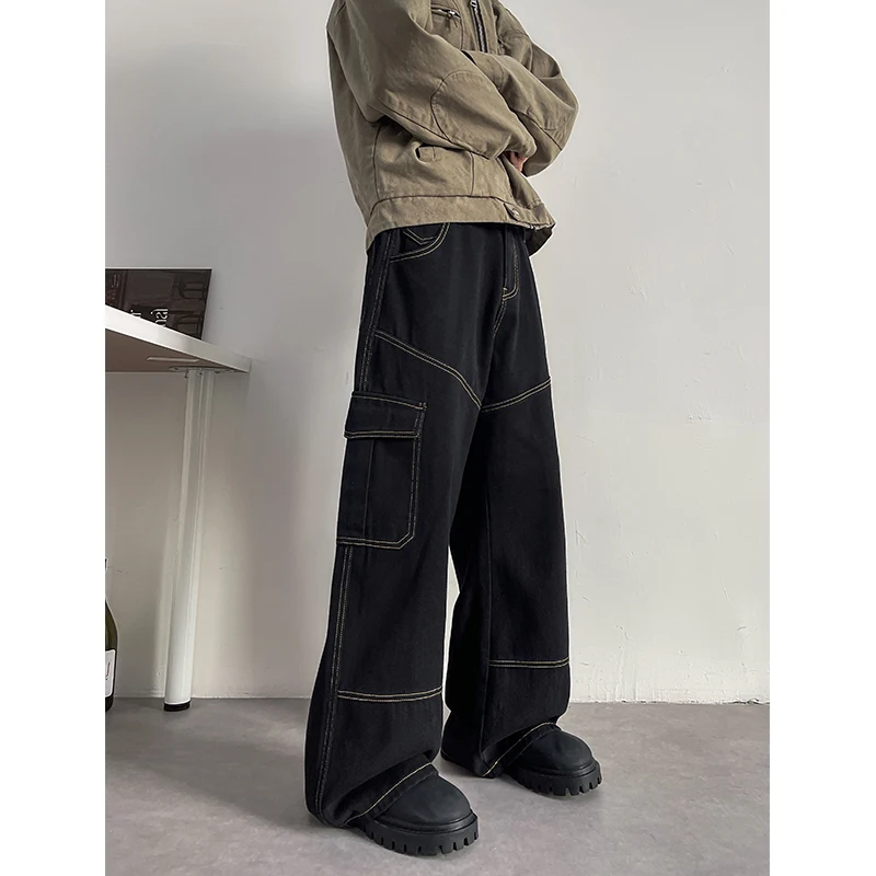 Vintage American Style White Workwear Casual Pants Men's Loose-fit Straight-leg Wide-leg Dragging Trousers High Street Material