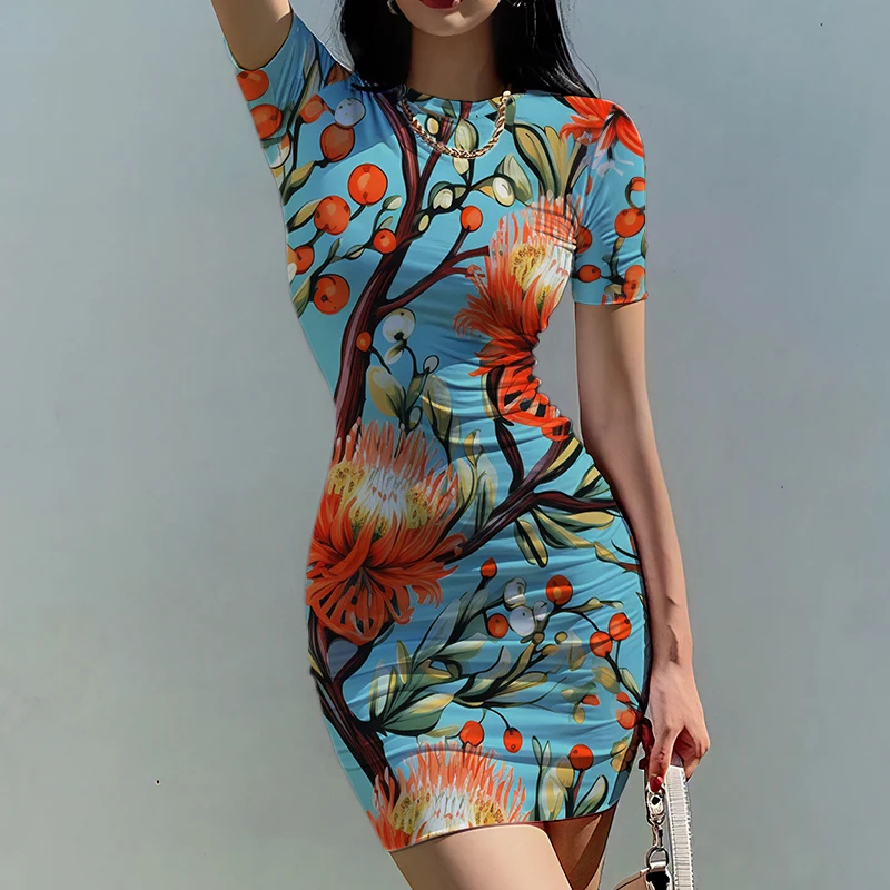 Summer new lady slim dress flower Plants 3D printed lady dress Beautiful ladies slim dress trend fashion ladies slim dress