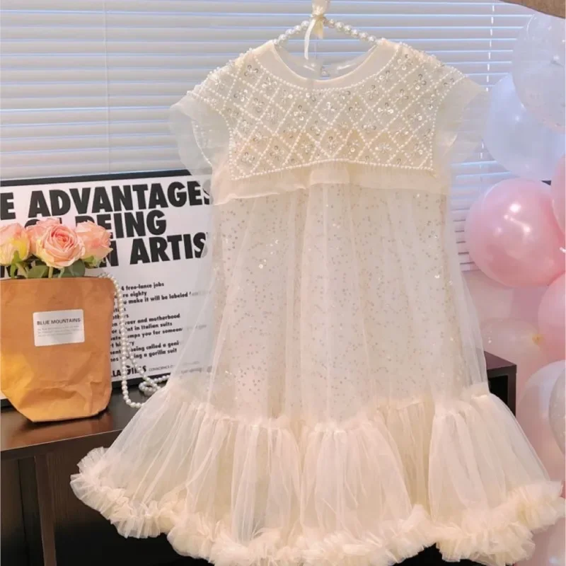 Baby Girl Princess Pearl Sequins Tutu Dress Infant Toddler Fashion Vestido Pageant Party Pageant Birthday Ball Gown 1-12Y