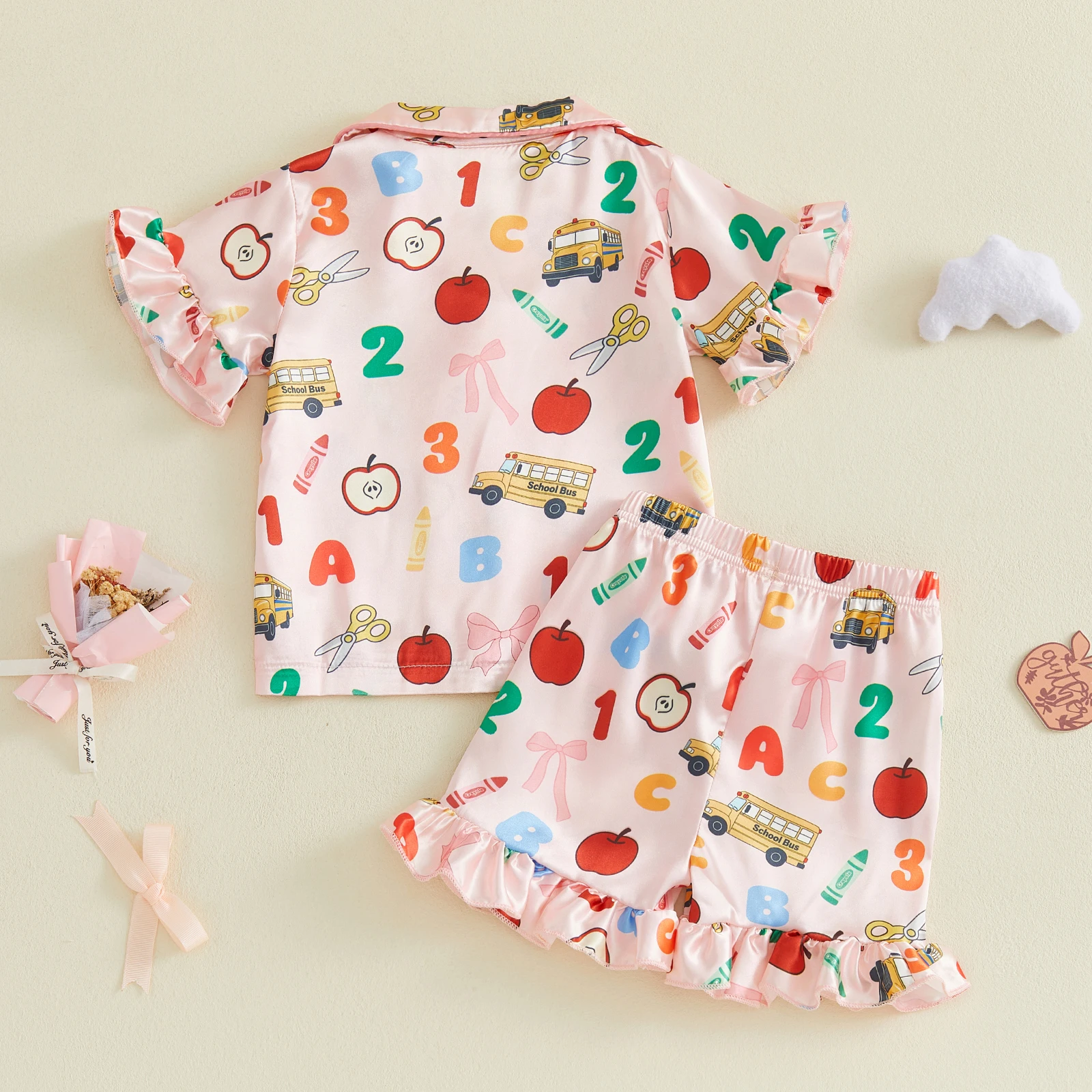 3-9Y Little Girls Satin Pajamas Sets Summer Back to School Apple Pencil Printed Short Sleeve Ruffle Tops Shorts 2Pcs Sleepwear