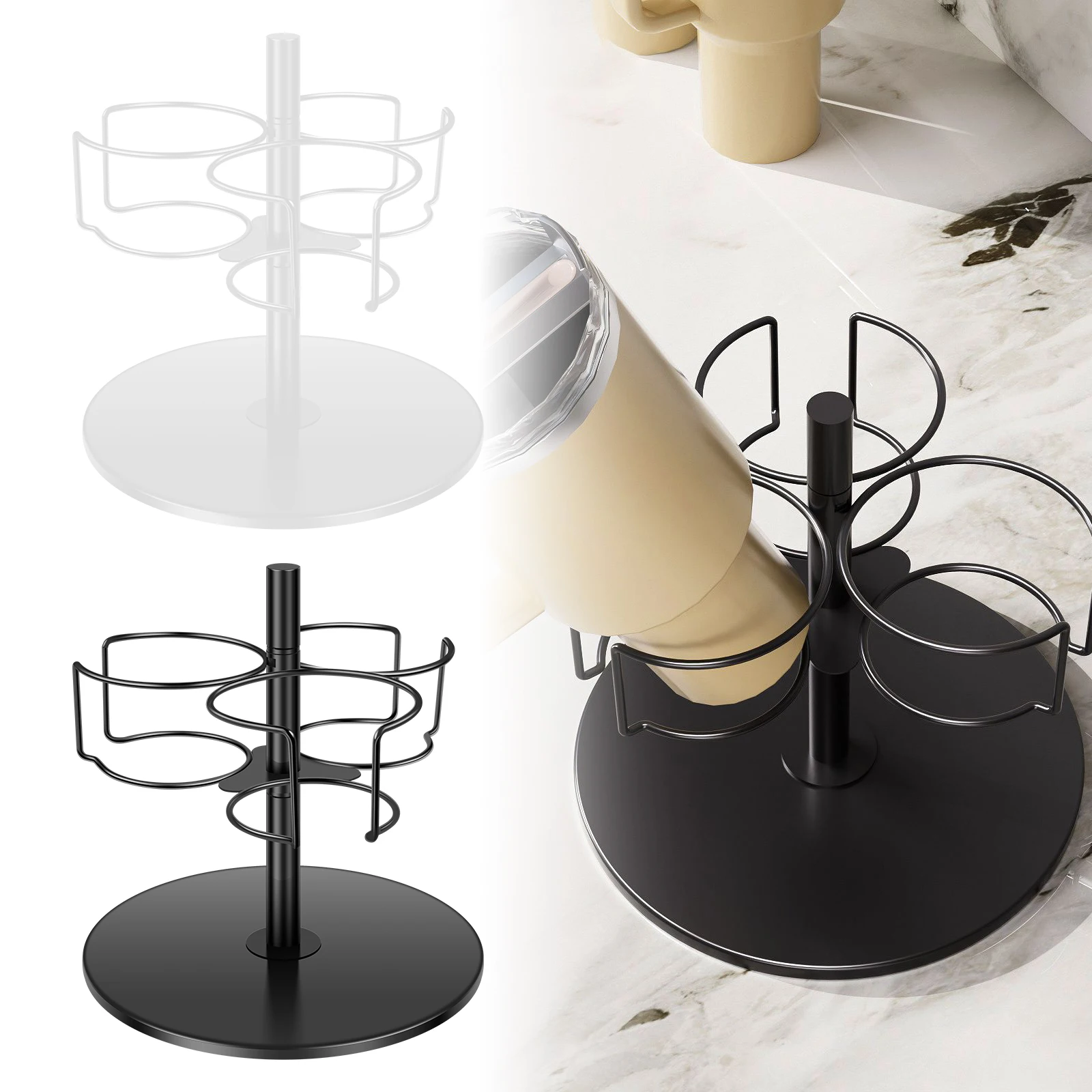 

360 ° Вращающийся органайзер для чашек, 40 унций, держатель для стакана из углеродистой стали, 3 слота, стеллаж для хранения бутылок с водой, аксессуары для чашек для кухни