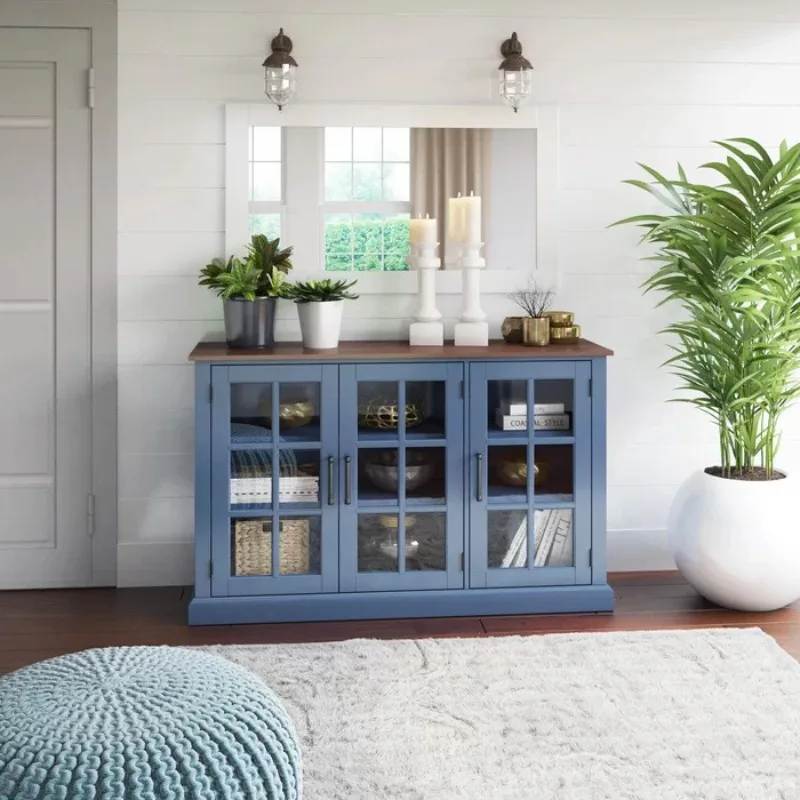 Simple navy blue wooden tableware cabinets lockers 3 glass doors kitchen living room furniture