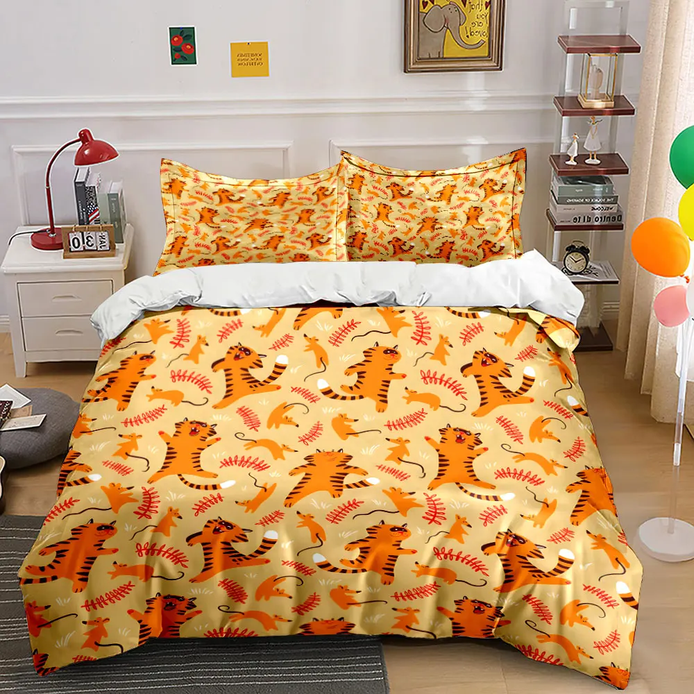 Cartoon Tigers and Mice Pattern Bedding Set for Kids Luxury Gift 3pcs Digital Print Comforter Set Soft Comfortable Breathable