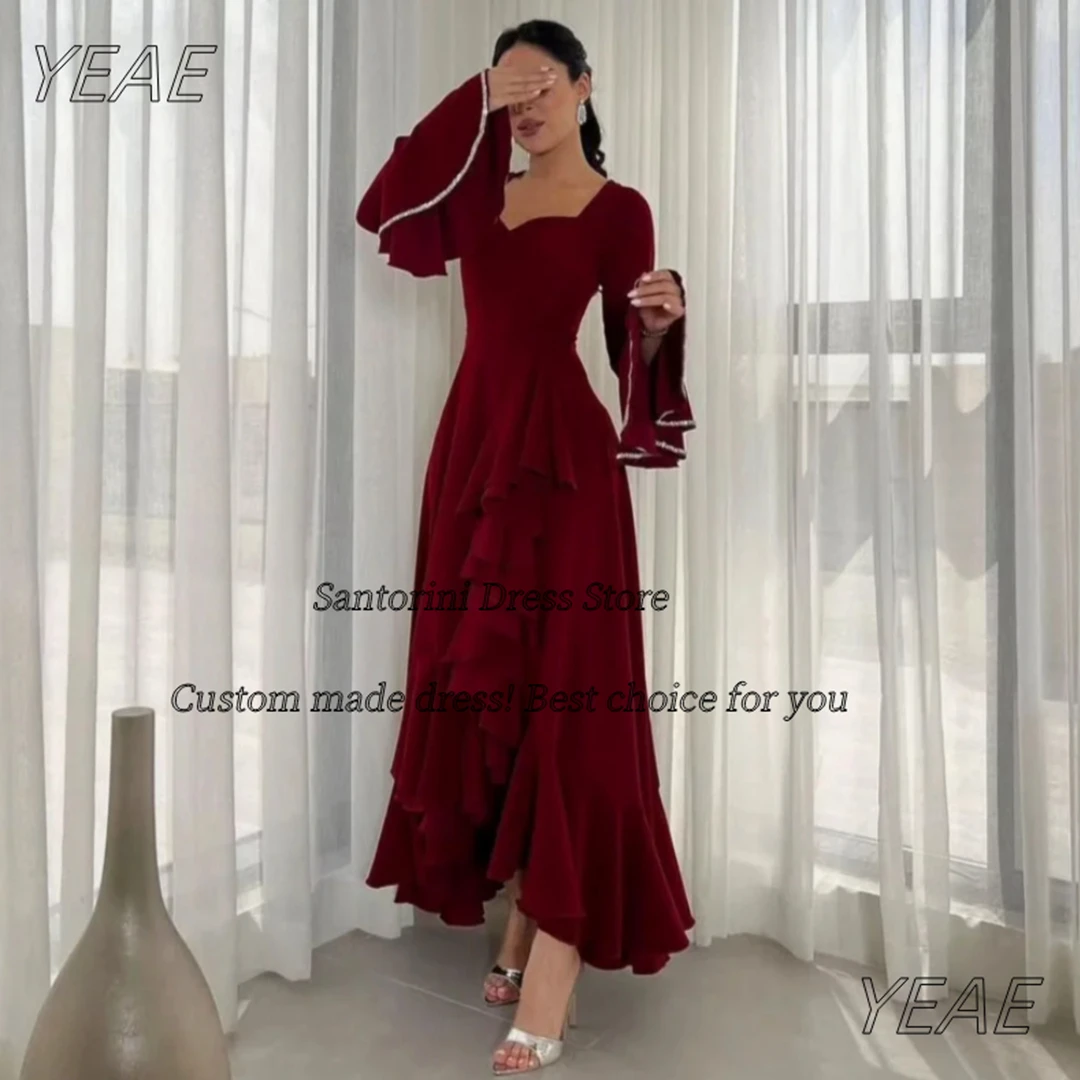 

Santorini Burgundy Prom Dresses 2025 Beading Long Sleeve Saudi Evening Dress Zipper Back Special Occasion Party Gowns Customized