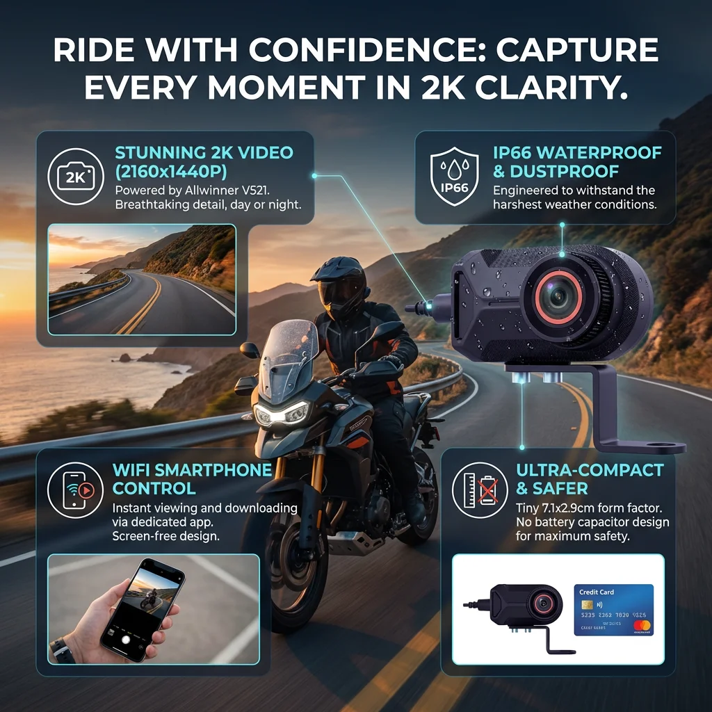 Motorcycle Dash Camera 2K 1440P HD No Screen Design Wi-Fi APP Video Download IP66 Waterproof Loop Recording Motorbike Scooter