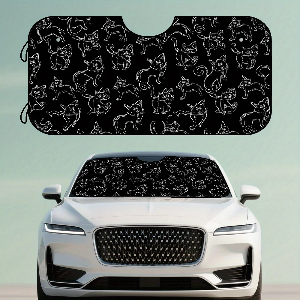 

1pc Black & White Cat Art Pattern Car Sunshade - Foldable Windshield Visor For Easy Storage, Perfect For Long Distance Travel, S