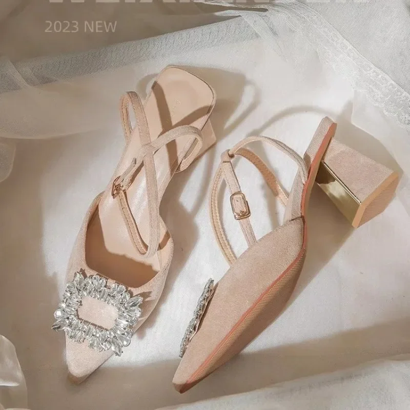 Sandalias De cristal con correa en el tobillo para Mujer, zapatos De tacón alto con punta puntiaguda, con diamantes De imitación brillantes, tacones cuadrados