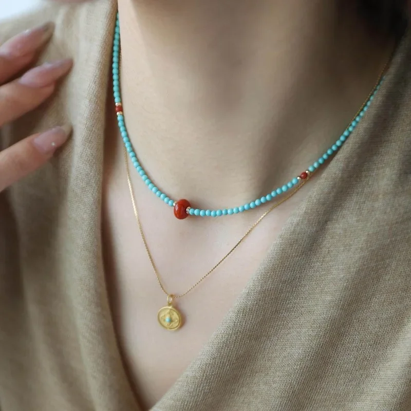 

"Qingyun" Original New Chinese Style Optimization Turquoise Nanhong Wenwan Necklace Literary Girl Temperament
