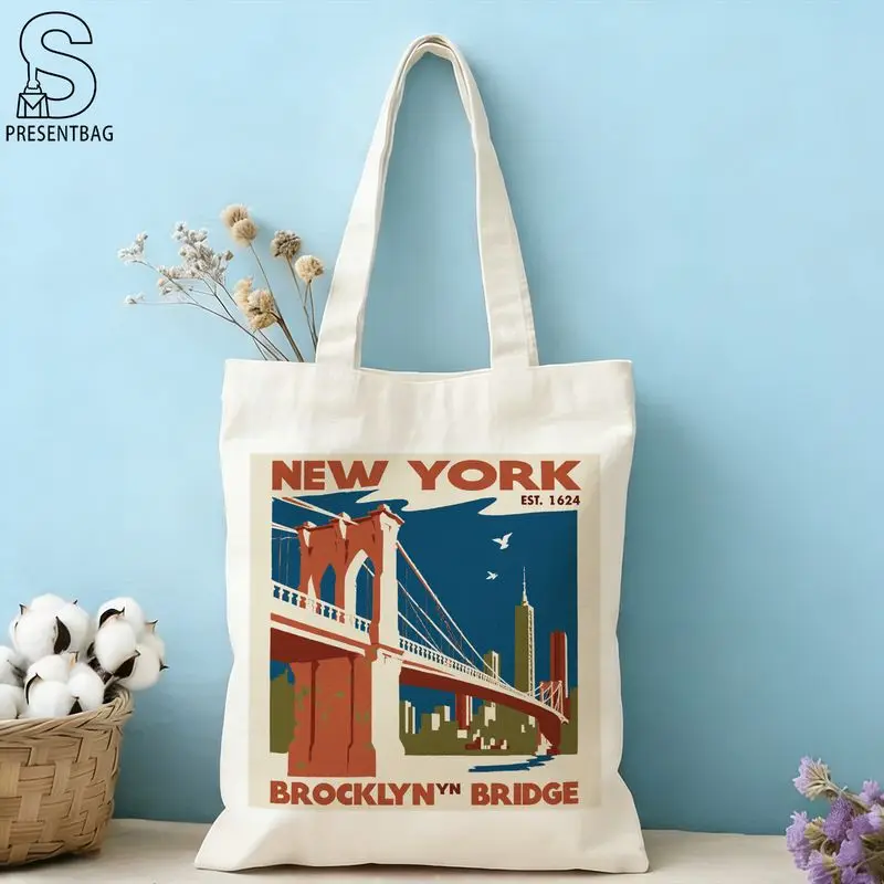 Vintage City Bridge Architecture Canvas Tote Bag Retro Poster Landscape Print Casual Reusable Women Shoulder Shopping Bag