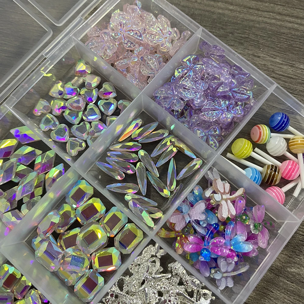 12 Siatek 3D Mieszane AB Diamentowe Fioletowe Aurora Kokardki Ozdoby do Paznokci z Kokardką z Organzy Lizak Cyrkonie do Paznokci DIY Akcesoria do Manicure