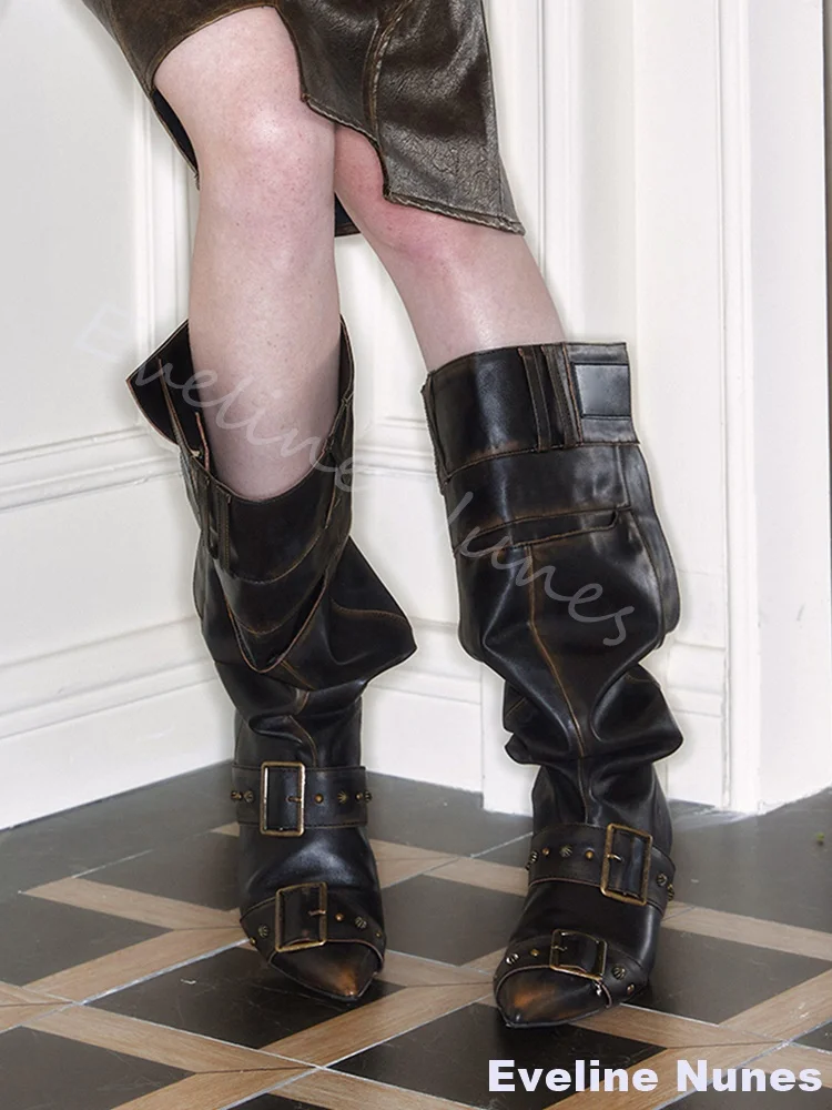 Heavy-duty Rubbed-color Long Knee-high Boots Women Pointed Toe Kitten Heel Belt Buckle Slip On Retro Long Boots Winter Newest