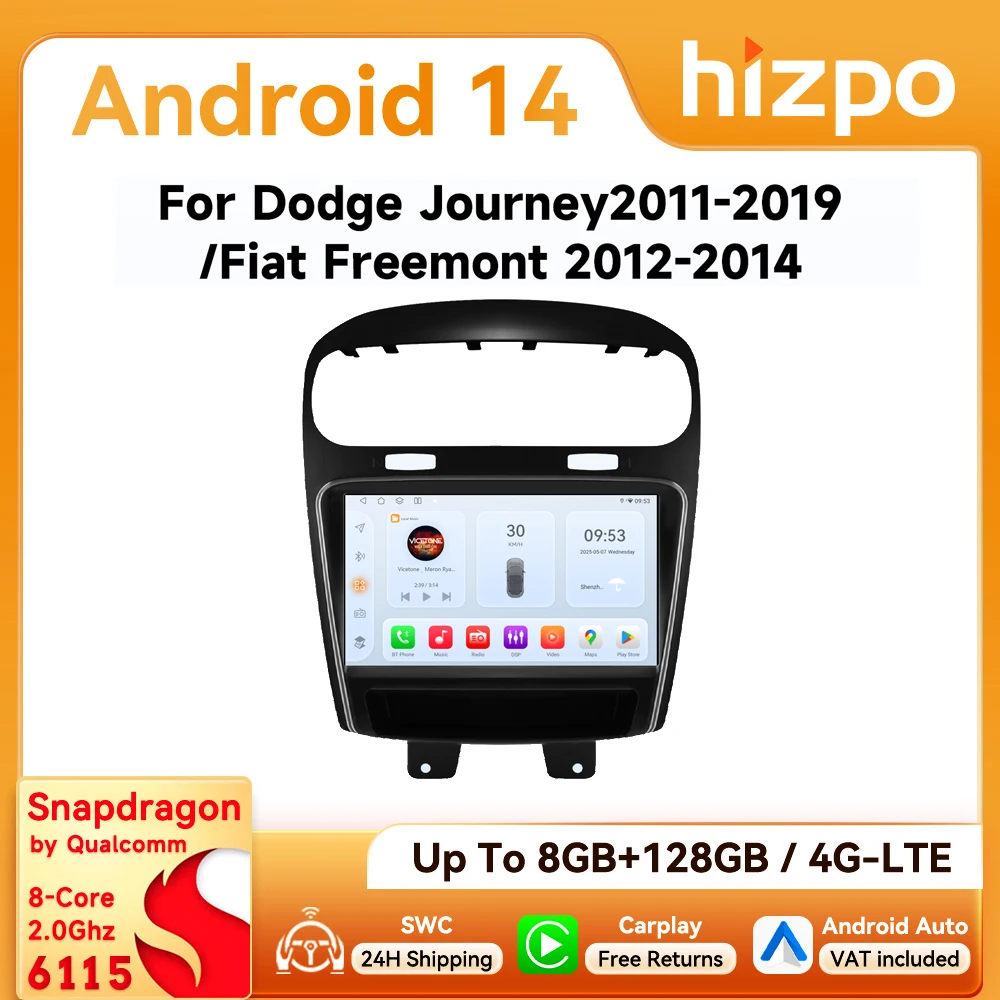 Hizpo 2Din CarPlay Android Auto autoradio pour Dodge Journey 2011 - 2019 FIAT Freemont 2012 - 2014 GPS DSP 4G BT SWC 360 ° CAM