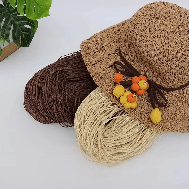 200g 2ply Cotton Raffia Yarn for Hand Crochet Knitting Summer Hats Bags Diy Straw Sandals Fluffy Paper Grass Thread Beige Yellow - view 4