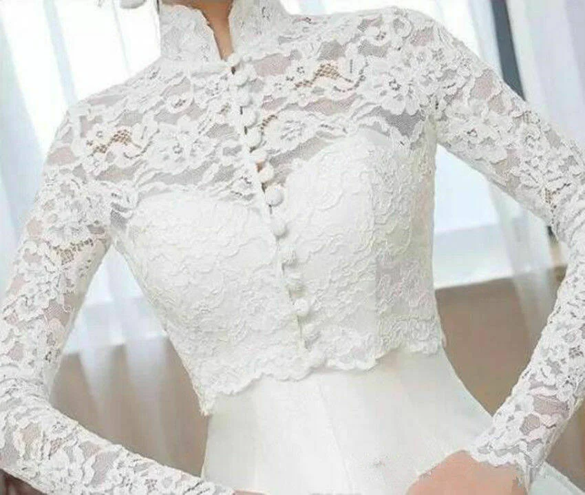 Abito da sposa in pizzo con collo alto mantelle giacca avvolge Shrug Bridal Bolero Cloak Evening Wrap scialle Cover Up manica lunga con bottoni