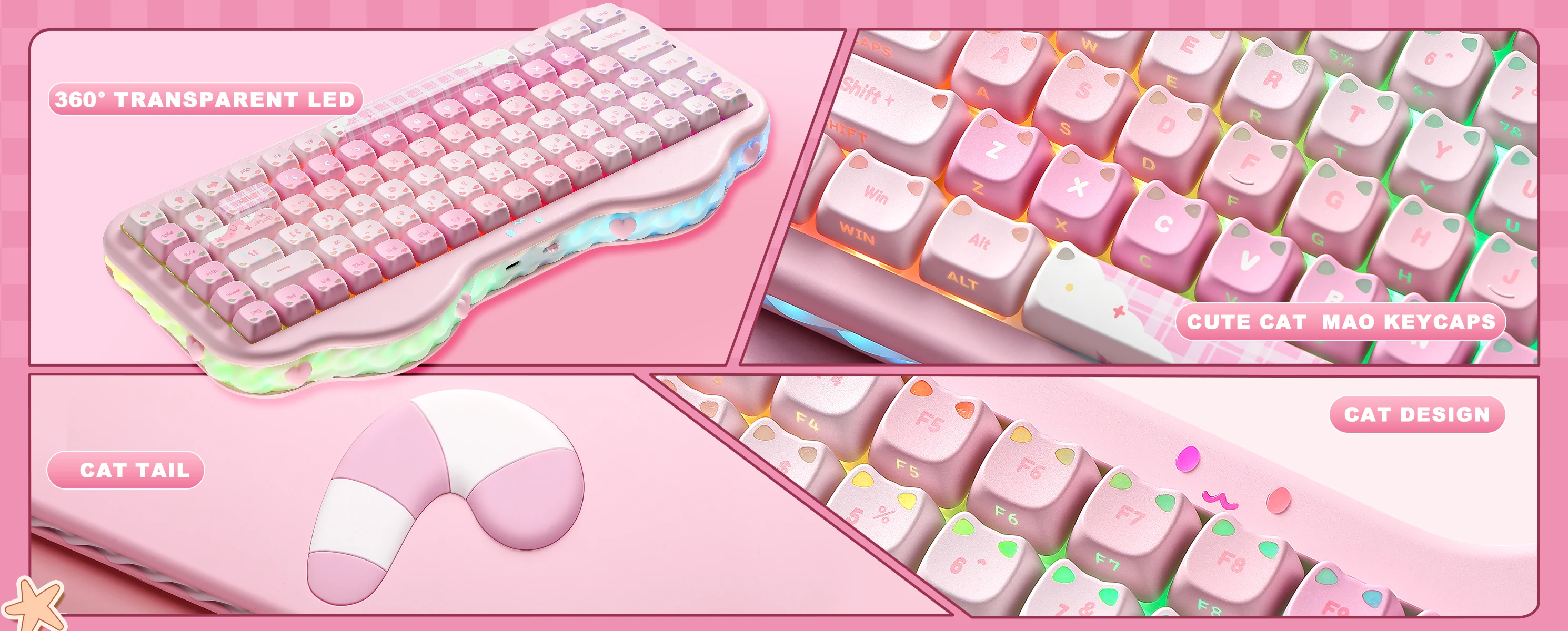 YUNZII C75 MAO Edition Mechanical Keyboard,Cute Ear Translucent Keycap,Wireless 75% NKRO Keyboards,RGB Cake Design for Win/Mac