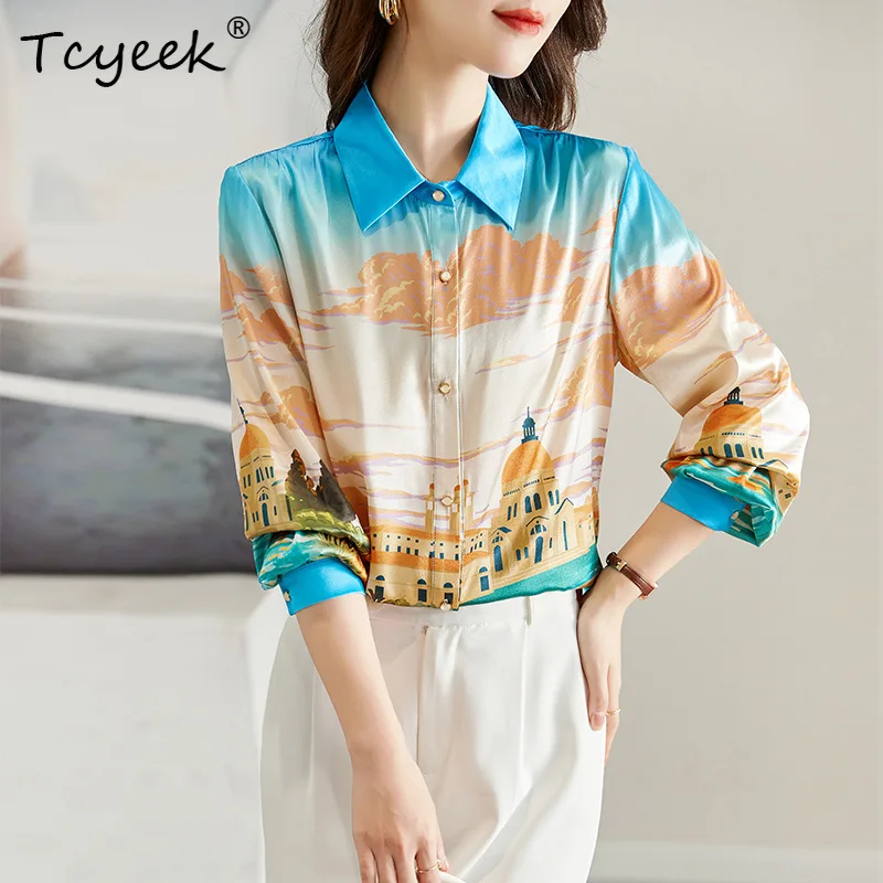 

Tcyeek, 19MM 91.8%Natural Silk Shirt, Women Long Sleeve Building Print, Fashion Elegant Blouse, 2024 Summer Autumn T467109QM
