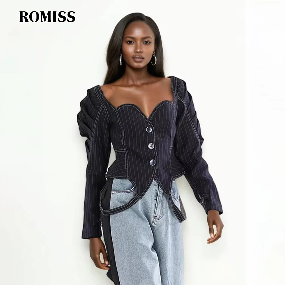 ROMISS Temperament Striped Slim Jacket For Women Square Collar Long Sleeve Patchwork Lace Up Short Jackets Female Clothing New