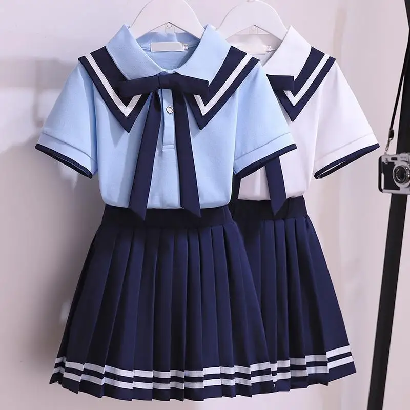 Girls' JK Uniform Clothes Summer Short-sleeved Shirt+Pleated Skirts Japanese School Uniforms,, Navy College Style Pleated Skirt