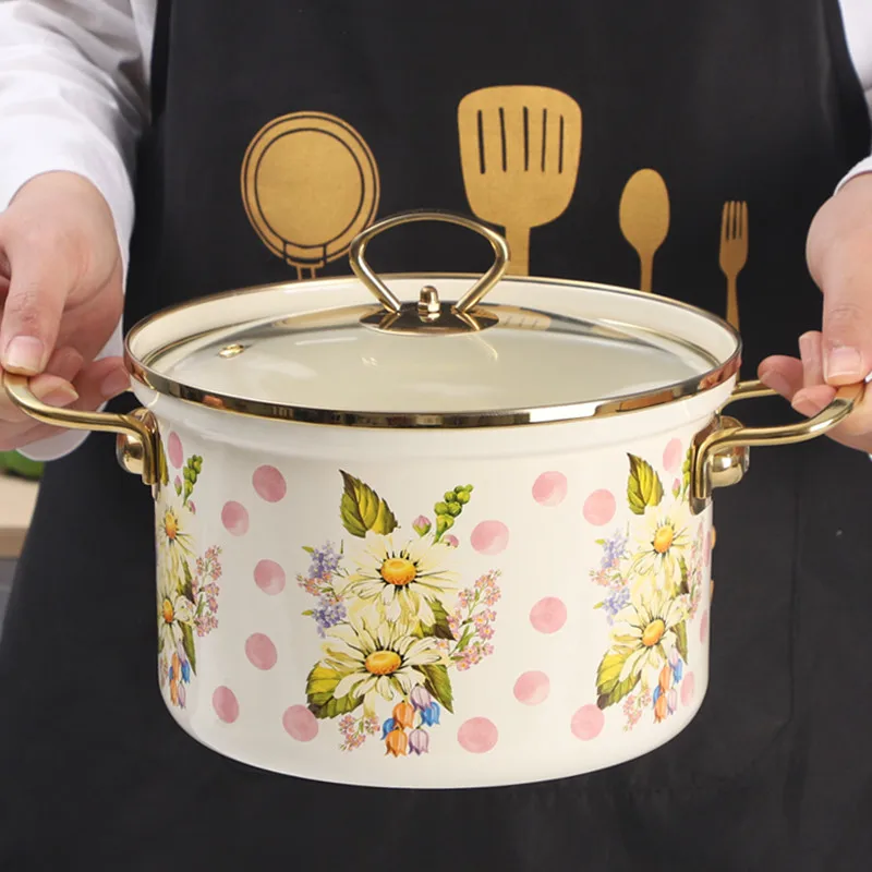 Enamel Soup Pot Thickened Heightening Stew Pot Pastoral Large Capacity 5L Enamel Pan with Floral Cooking Pot Kitchen Accessories