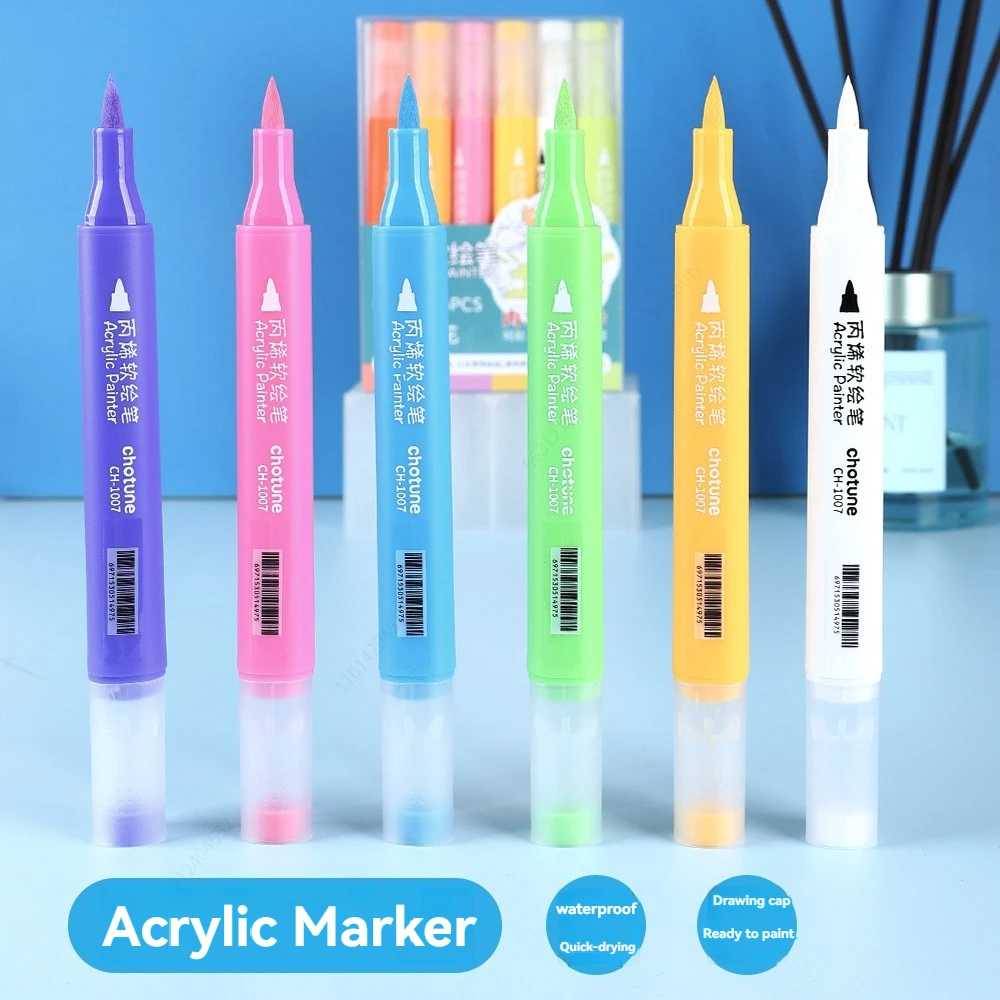 6 colors Acrylic Marker Paint Pens soft Brush Tip, Waterproof Ink, Writes on Paper, Rock, Rubber, Ceramics, Wood, Glass and more