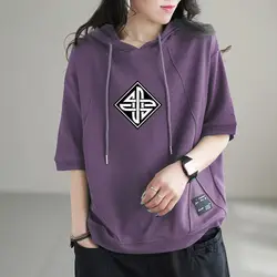 Sudadera con capucha de manga corta para mujer, ropa informal coreana, holgada y versátil, con estampado artístico y a la moda, novedad de verano 2024