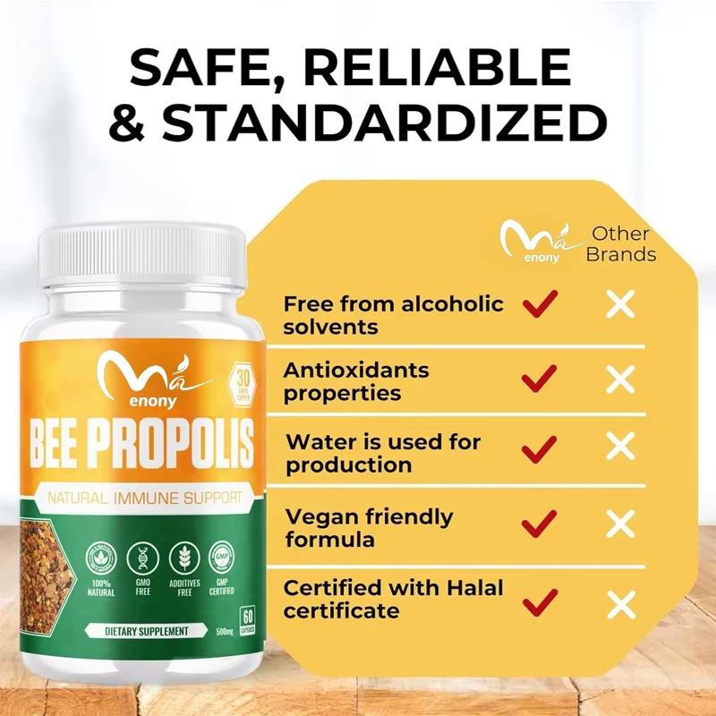 Propolis Extract Capsules, Natural Immune Enhancer, Non GMO Gluten Free 500mg, 60 Vegetarian Capsules, Contains Bean Powder