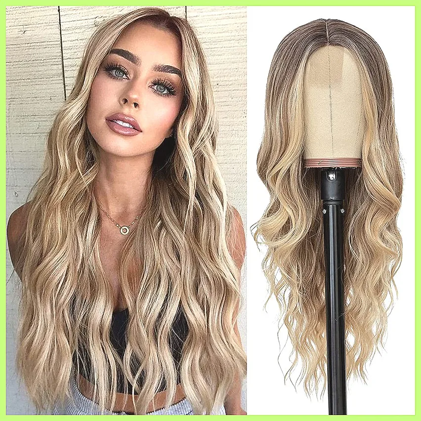 

Длинный волнистый синтетический парик омбре блонд для женщин, с центральным пробором, на сетке, с мелированием, термостойкий