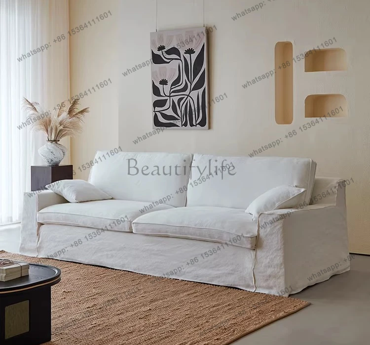 

Fog sleep sand wabi wind fabric sofa straight row removable and washable three-person white high-end cotton and linen sofa