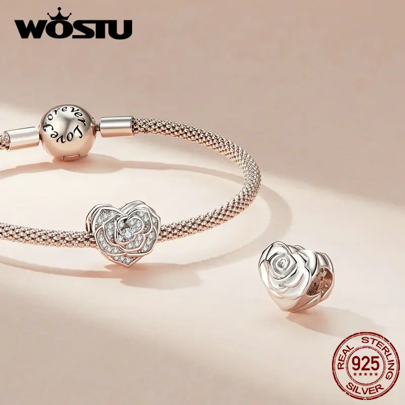 WOSTU 925 Sterling Silver Heart of Rose Bead with Fully Zircon for Women Fit Bracelet Necklace Original Jewelry Anniversary Gift