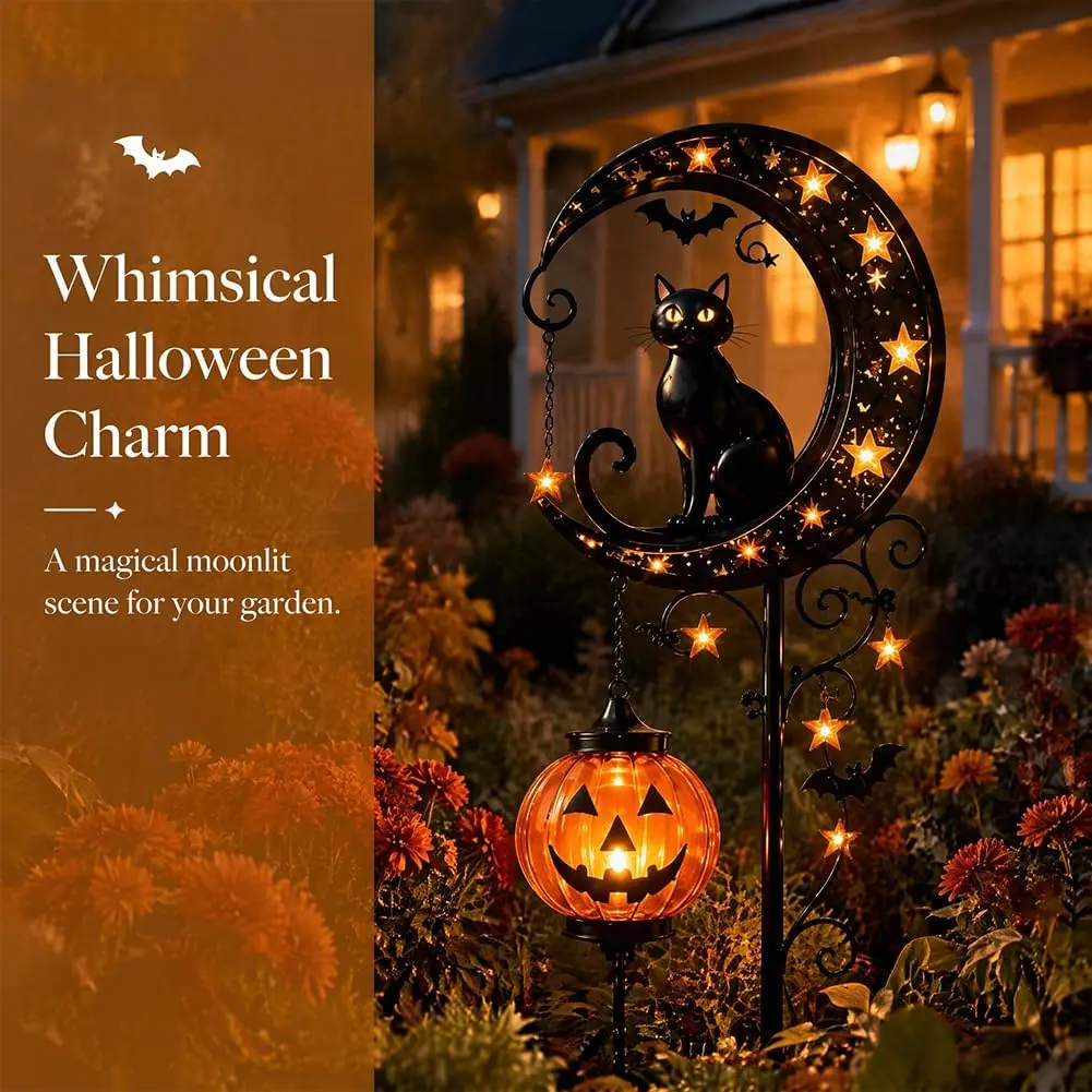 Solar Halloween Black Cat & Pumpkin Moon Garden Stake Light, Solar Garden Decoration, Outdoor Waterproof Metal Pumpkin Stake view 6