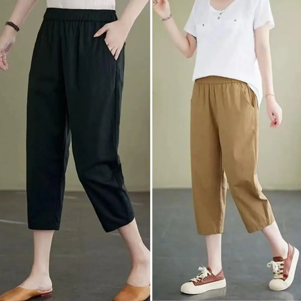 Women Elegant Simple Pants Fashion Drawstring Design Solid Color Cropped Pants Loose Casual Elastic Waist Office Lady Trousers