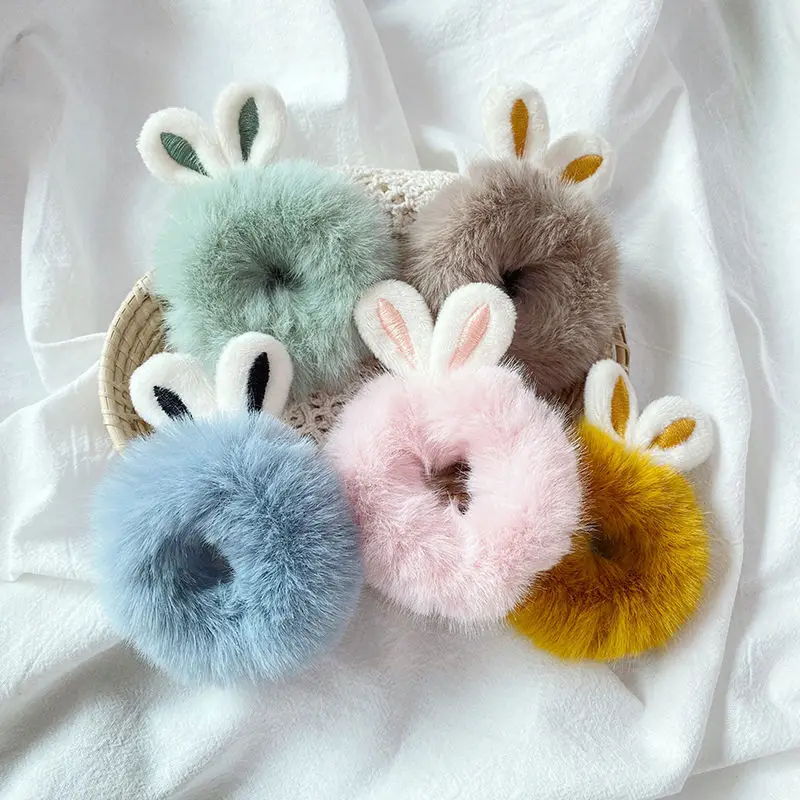 Sweet Imitation Rabbit Fur Rabbit Ears Scrunchies Elastic Hair Bands Girls Women Fur Fluffy Hair Ropes Plush Hair Accessories
