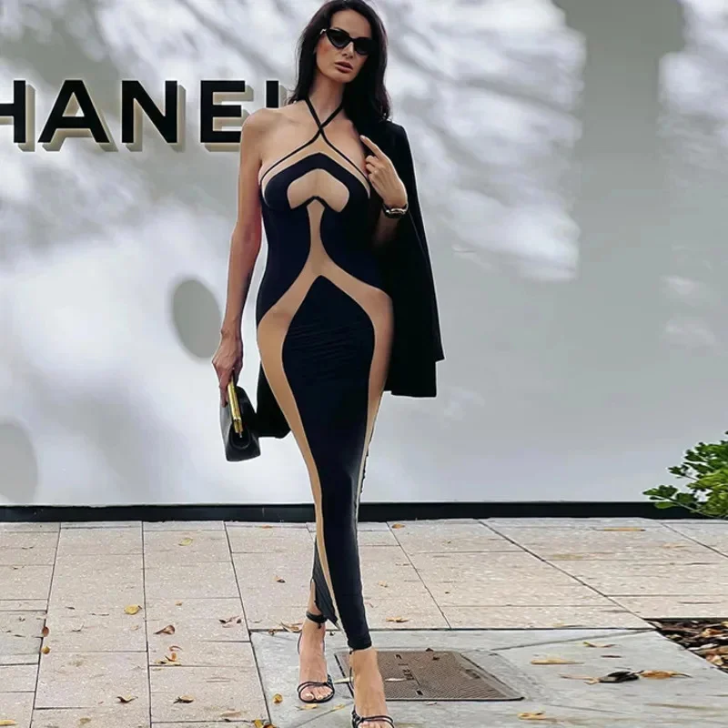 Sexy Halter Maxi Dress Women Neck Hanging Hollow Out Evening Party Long Dress Night Club Bodycon Backless Chic Slim Fit Outifits