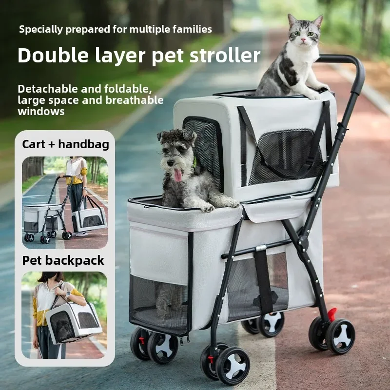 Double-layer Pet Cart Dog Cat Trolley Out Pet Cart Lightweight Foldable Outdoor Travel