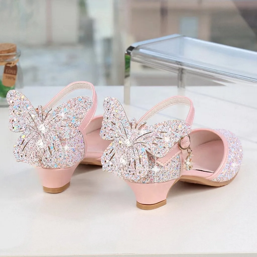 Princess Kids Leather Shoes For Girls Glitter Butterfly Knot Dress Banquet Party Children High Heel Shoe For kids Girls Sandals