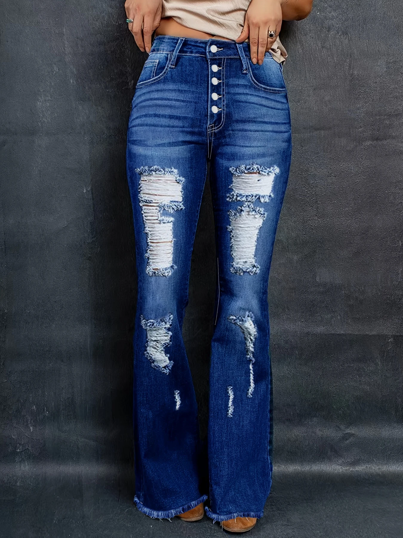 جينز نسائي عالي الخصر، جينز بأزرار سفلية واسعة الساق باللون الأزرق الداكن، مناسب للحرم الجامعي أو ملابس العمل، طراز Y2K.