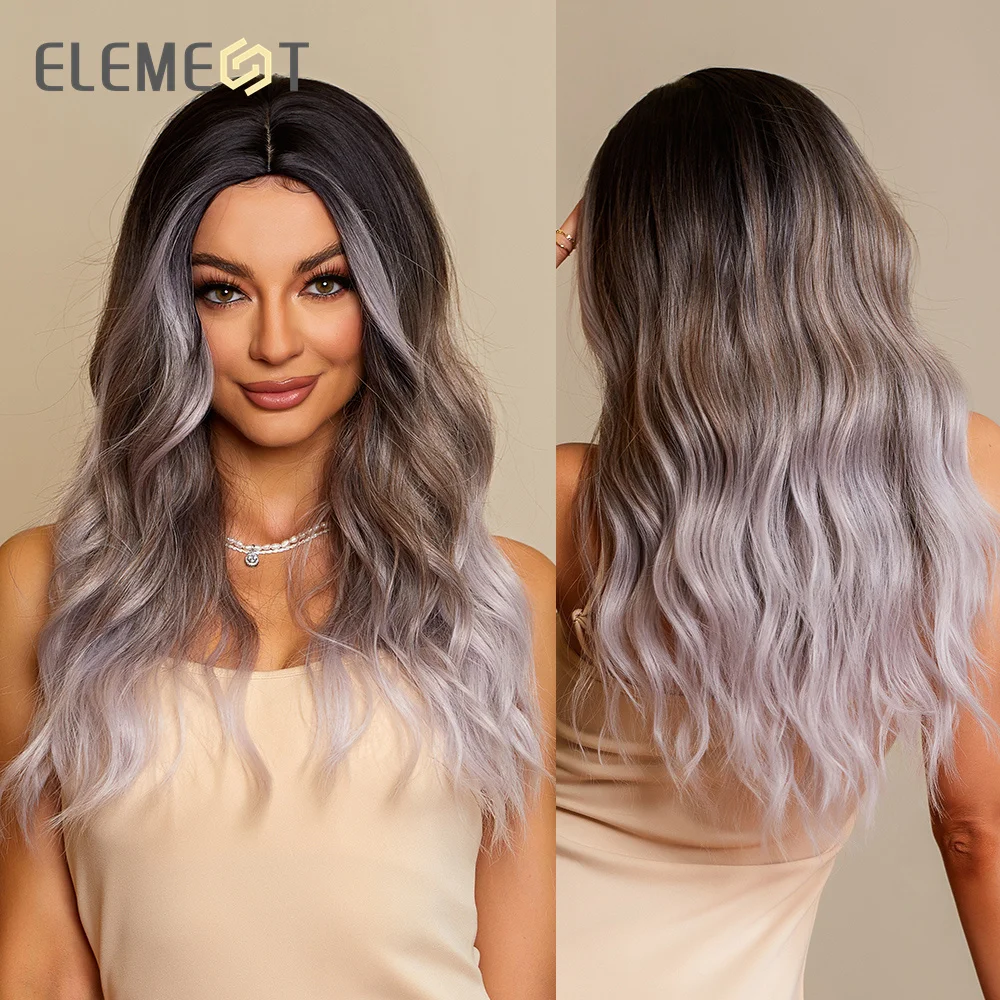 

Element 2022 Synthetic Long Water Wavy Wig Gray Ombre to White Blonde Middle Part Hair Wigs for Women Heat Resistant Party Daily