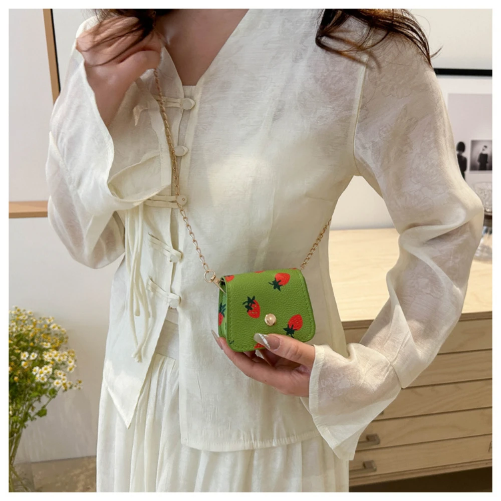 Mini Square Crossbody Bag Women Daily Streetwear Strawberry Print Shoulder Bag Small Wallet Purse with Gold Metal Chain