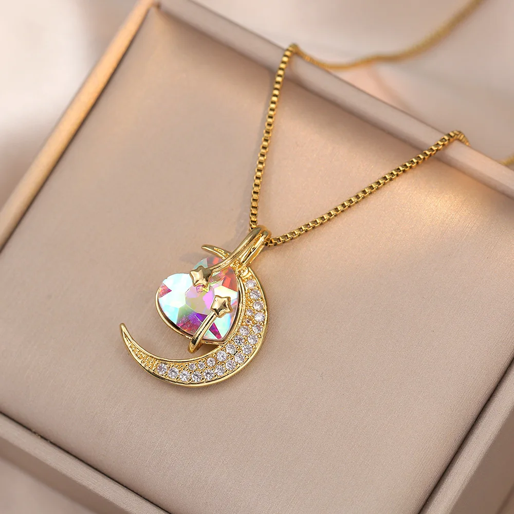 Colorful Zircon Love Heart Moon Pendant Necklaces for Women Girls Stainless Steel Trendy Romantic Jewelry Accessories Gifts