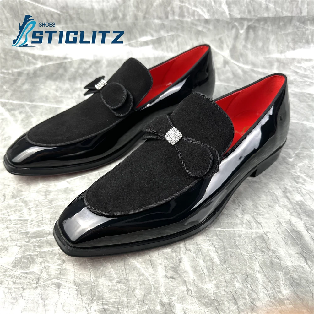 

British Style Patent Leather Men's Shoes Bowknot Black Shallow Loafers High Quality Flat Square Toe Wedding Office Formal Shoes