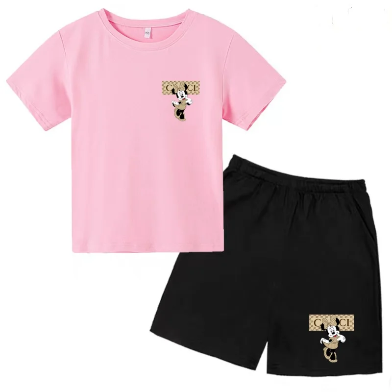 

Children Summer Anime Fashion Mickey Mouse Pink T-shirt 3-12Y Boys Girls Toddler Short-sleeved+Shorts Casual Cute Sportswear Set
