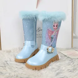 Disney Girls' Boots Winter Children's Long Boots Princess Elsa Shoes Fashion Girls' Plush Blue Pink Leather Boots Size 27-37