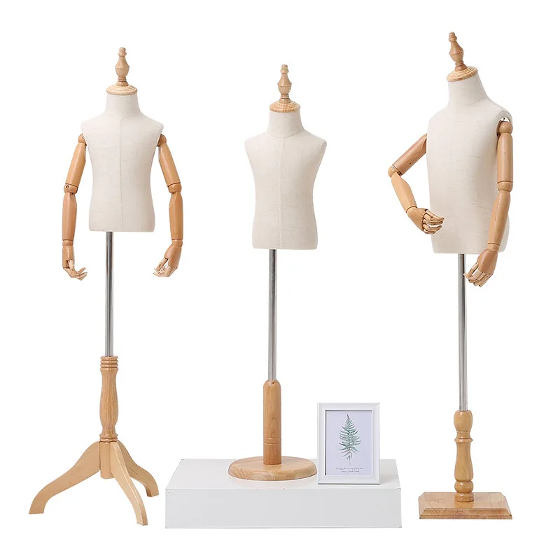 Kid Dress Form Fabric Cover Half Body Children\'s Model Mannequin Model Torso Wood Base With Wooden Arms For Window Display