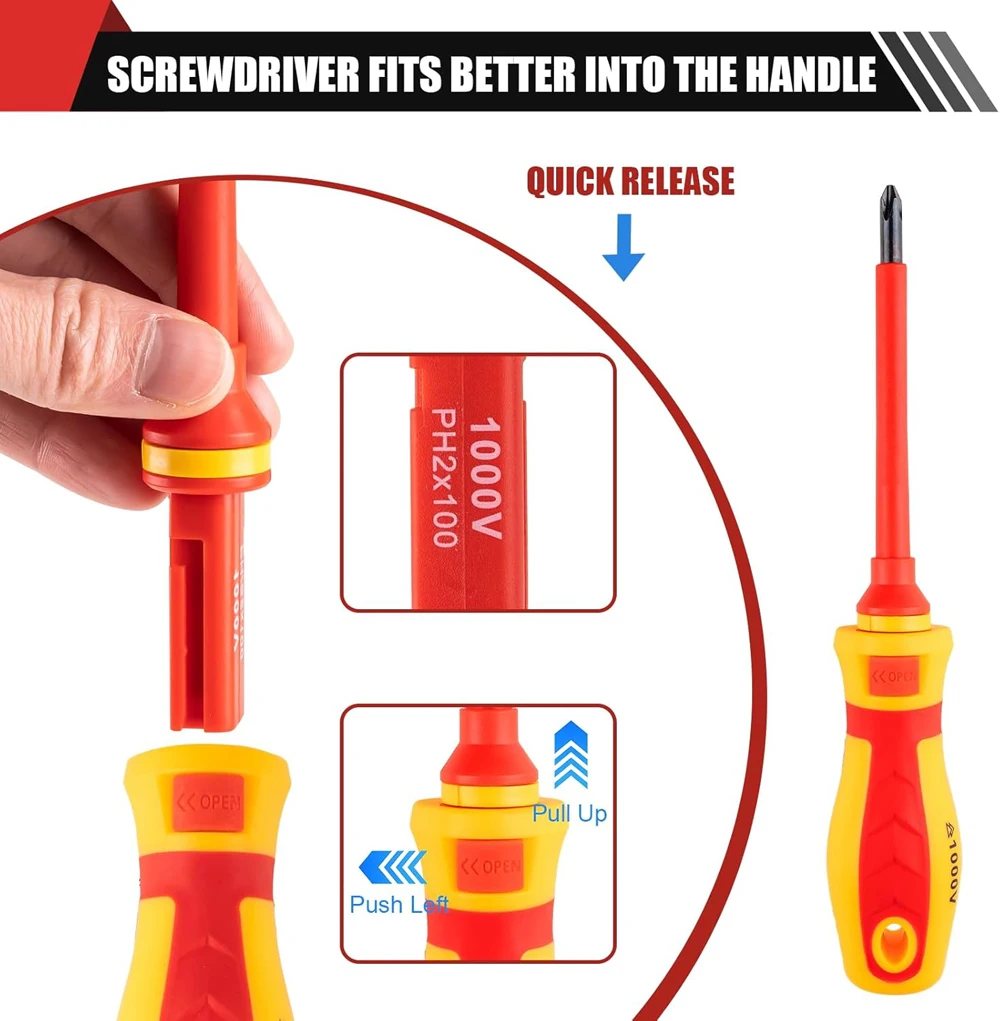 13/9-teiliges 1000V Isoliertes Schraubendreher-Set S2-Stahl Magnetische Spitzen PP+TPR-Griff für Elektriker-Reparaturwerkzeuge & Industrielle Anwendungen – Detail 4